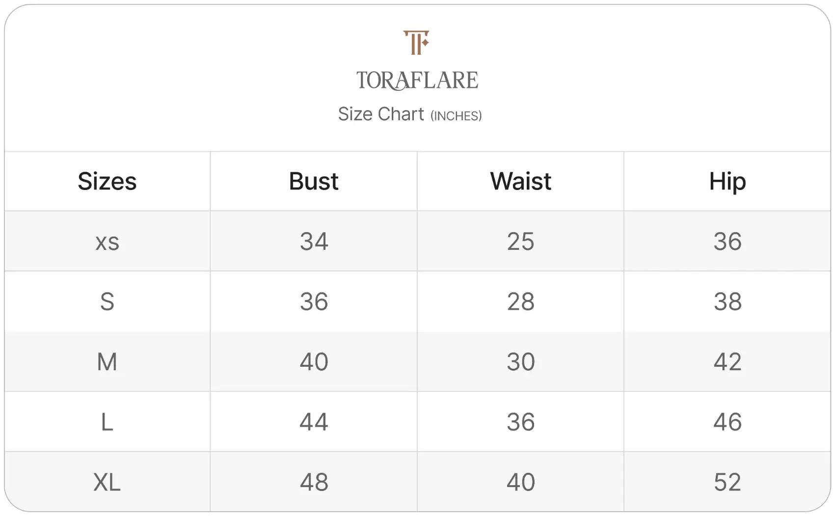 Toraflare size chart with body measurements for each size